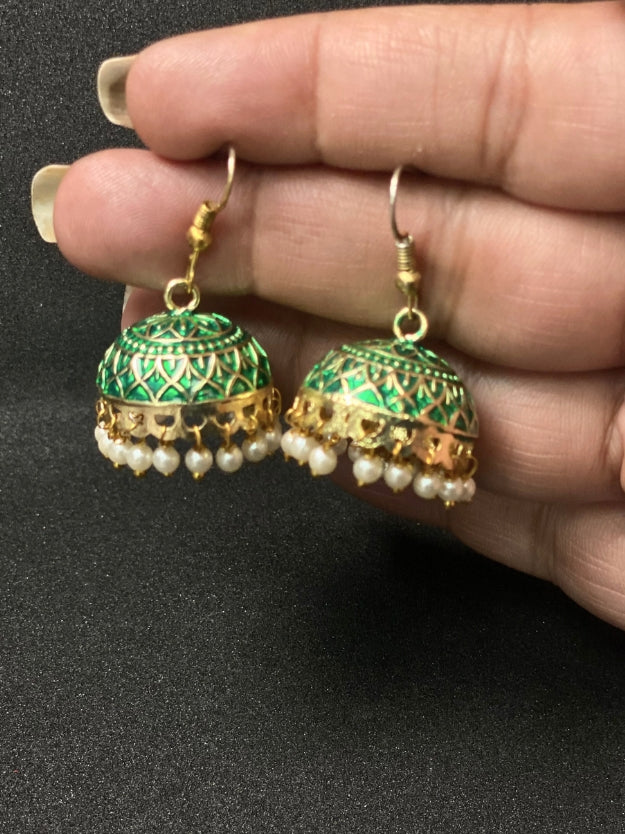 Meenakari Jhumka Earrings with Pearl Drops - Traditional Indian Ethnic Jewelry