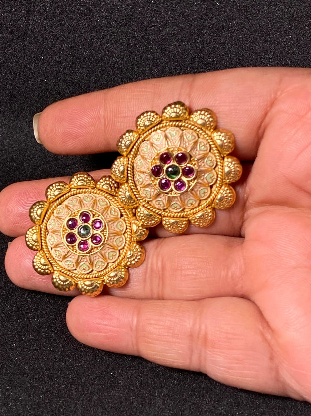 Traditional Gold Plated Flower Stud Earrings with Kemp Stones - Temple Jewelry Style Earrings for Women