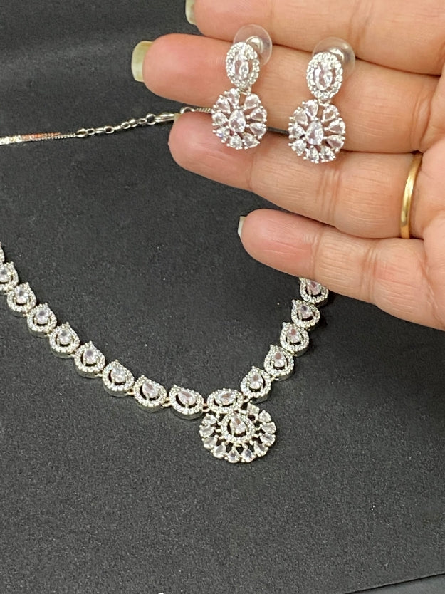 Designer Silver-Plated American Diamond Necklace Set with Matching Earrings
