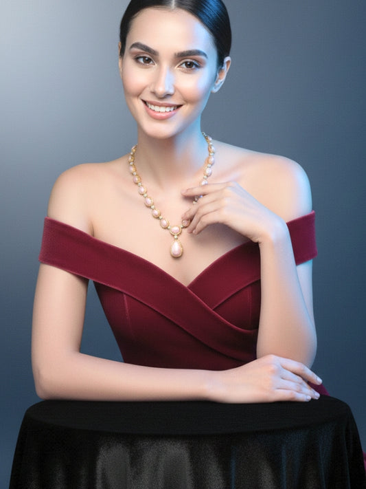 Elegant Pink Stone Gold-Plated Necklace, Earrings & Maang Tikka Jewellery Set