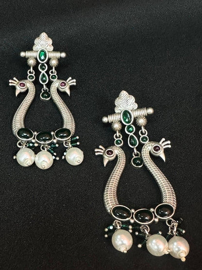Oxidised Silver Peacock-Design Earrings with Green Stones & Pearl Beads