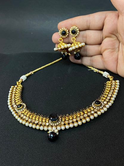 Traditional Party Wear Kundan & Pearl Necklace Set with Gold, Black & White Beads