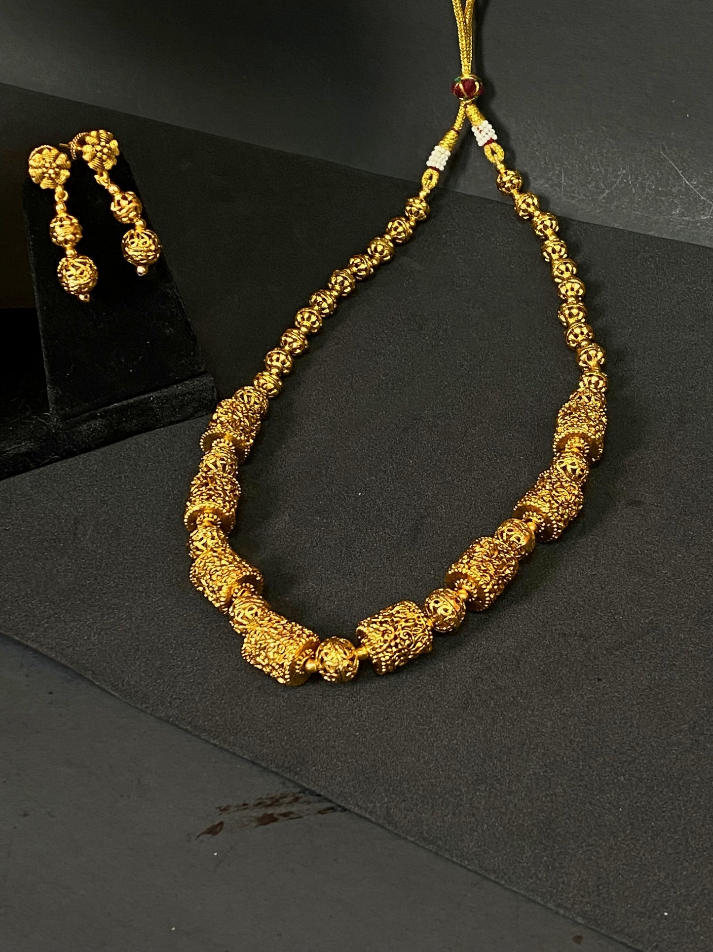 Golden Traditional Beaded Necklace Set with Matching Earrings