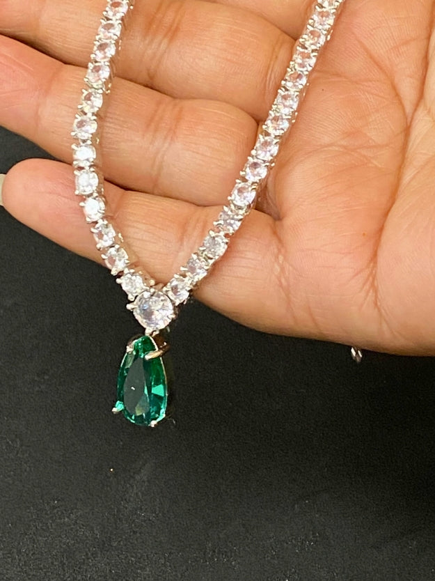 Party Wear AD Necklace Set with Emerald Green Drop