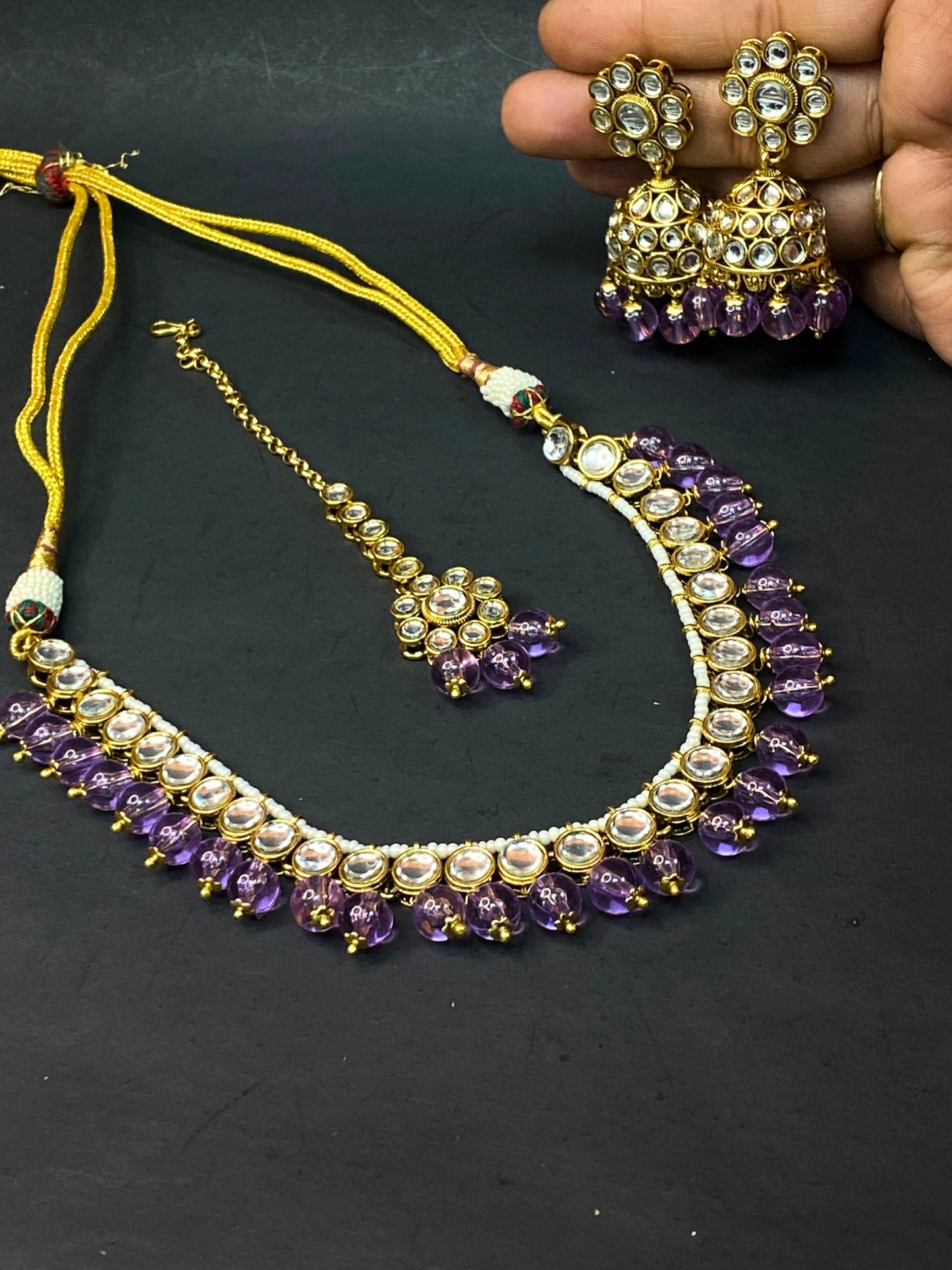 Traditional Kundan Jewellery Set with Jhumka & Purple Beads