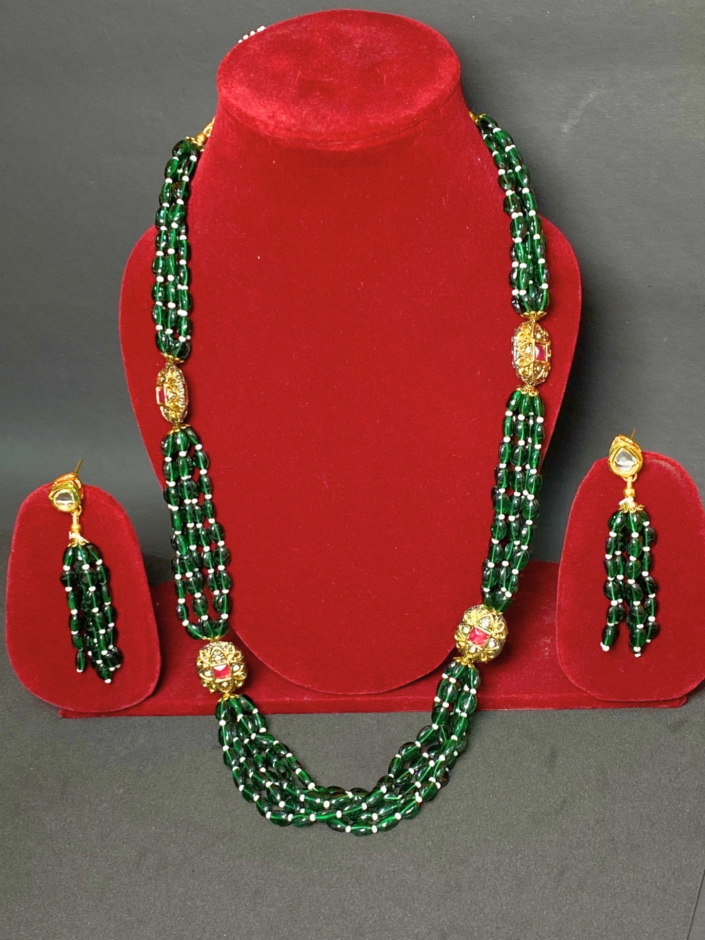 Green Beaded Multi Strand Long Necklace Set with Kundan Work & Matching Earrings