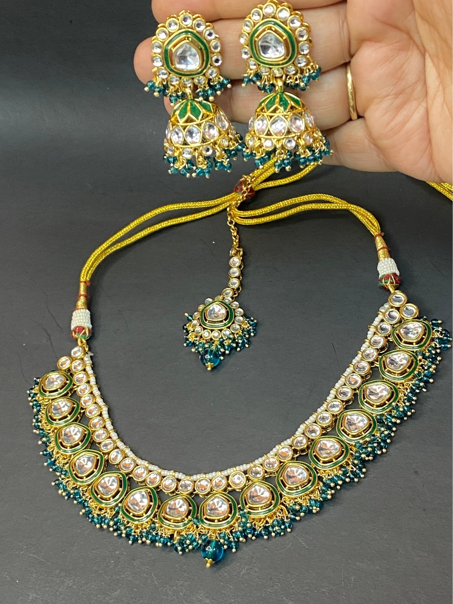 Designer Kundan Necklace Set with Green Beads & Maang Tikka