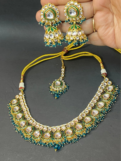 Designer Kundan Necklace Set with Green Beads & Maang Tikka
