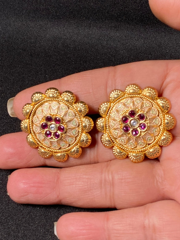 Traditional Gold Plated Flower Stud Earrings with Kemp Stones - Temple Jewelry Style Earrings for Women