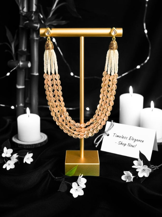 Multi-Layer Beaded Necklace with Pearl Tassel Earrings