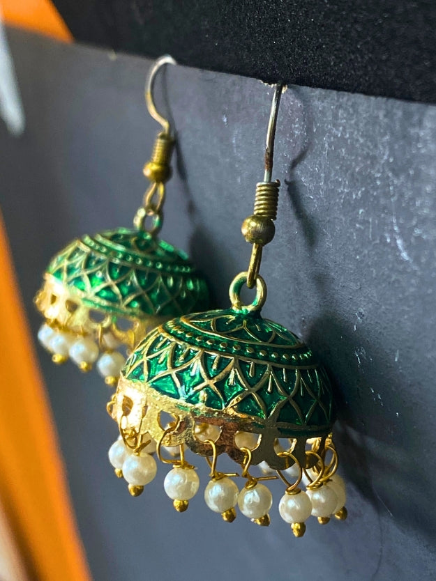Meenakari Jhumka Earrings with Pearl Drops - Traditional Indian Ethnic Jewelry
