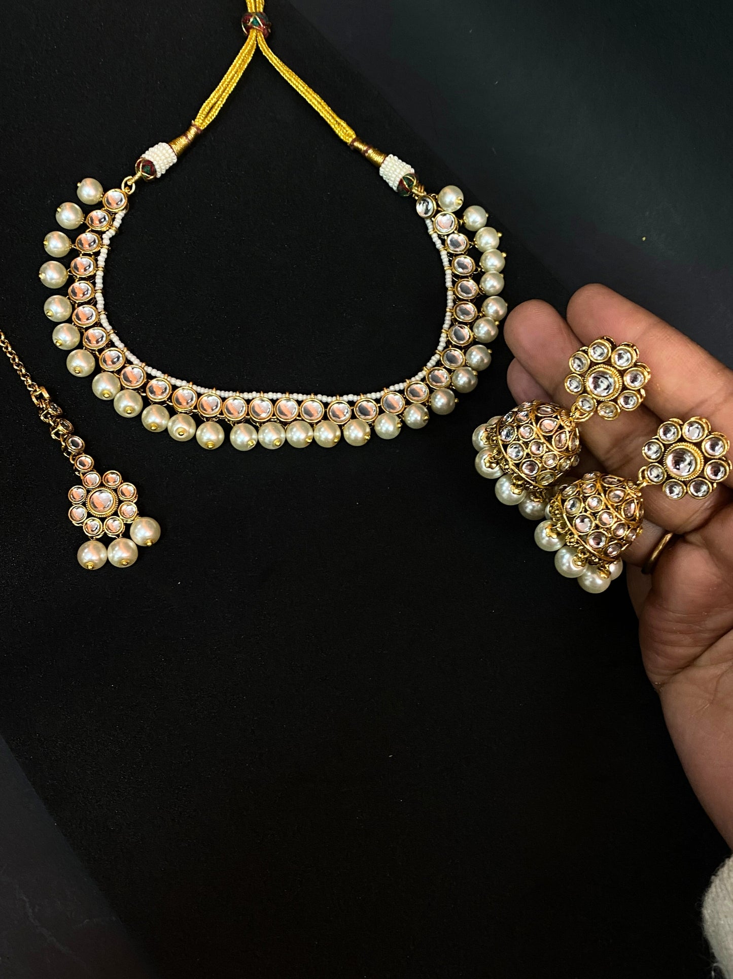 Gold Plated Kundan Pearl Choker Necklace Set with Maang Tikka & Jhumka Earrings