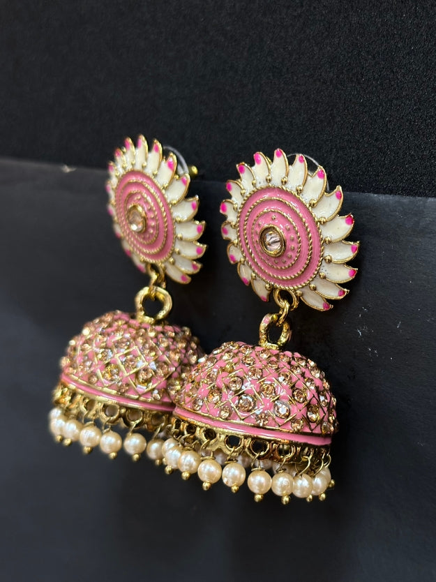 Designer Pink & White Meenakari Jhumka Earrings with Pearl Drops