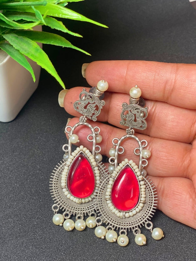 Traditional Oxidised Silver Red Tear-Drop Stone Dangler Earrings with Pearl Hangings