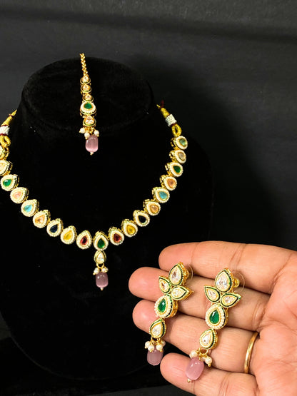 Multicolor Kundan Necklace Set with Pink Drop Pendant, Earrings & Maang Tikka
