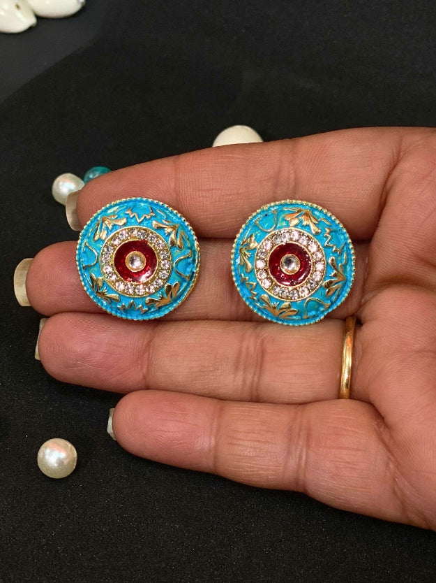 Meenakari Round Stud Earrings with Imitation Stone