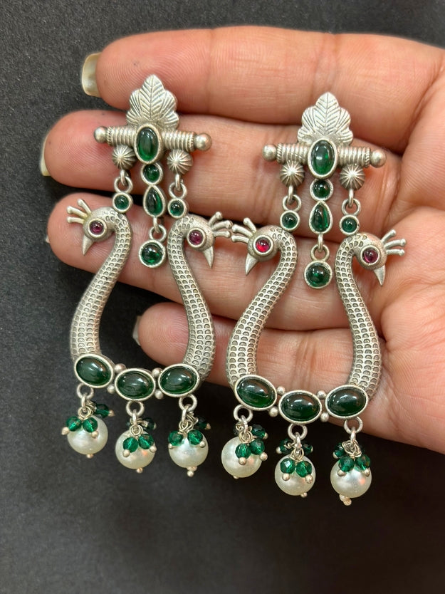 Oxidised Silver Peacock-Design Earrings with Green Stones & Pearl Beads