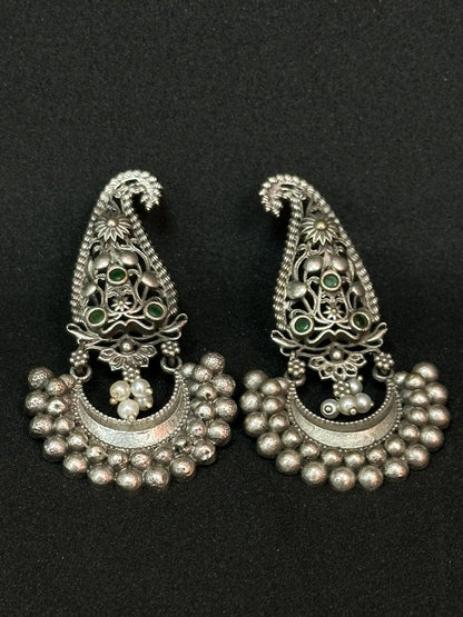 Oxidised Silver Jhumka Earrings with Silver Pearl & Green Stone Detailing