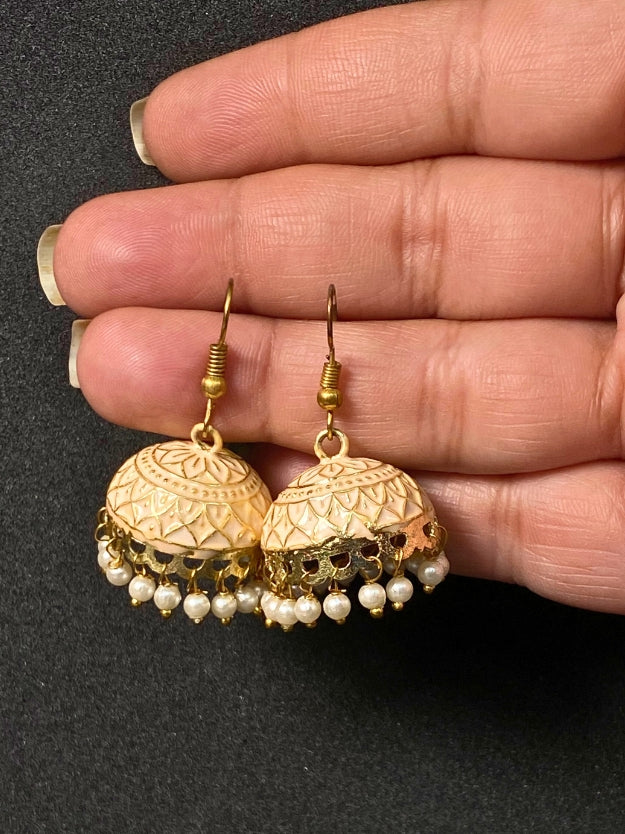 Meenakari Jhumka Earrings with Pearl Drops - Traditional Indian Ethnic Jewelry