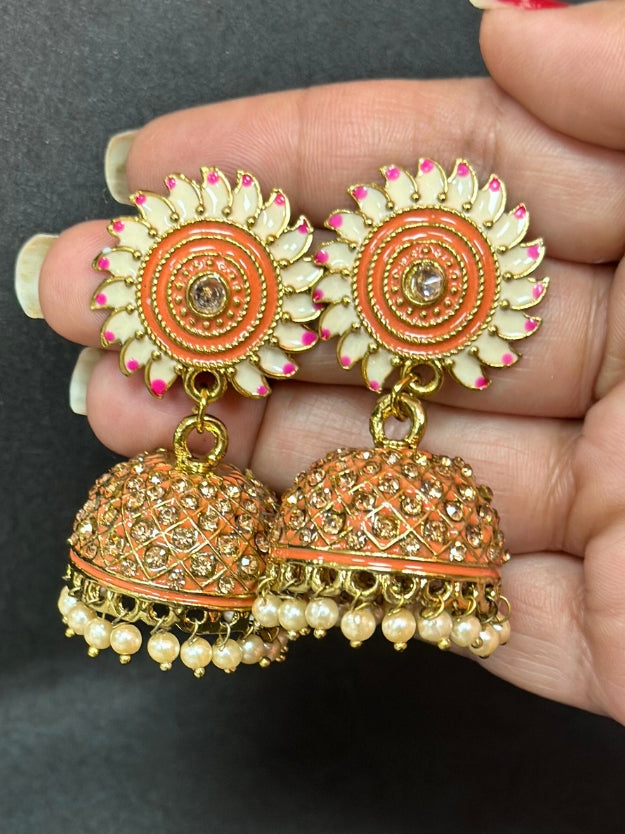 Orange & White Meenakari Jhumka Earrings with Pearl Drops
