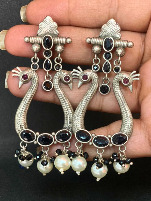Trendy Oxidised Silver Peacock-Design Earrings with Black Stones & Pearl Beads