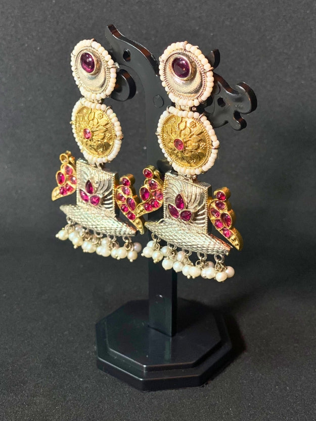 Traditional Oxidised & Gold-Plated Temple Earrings with Ruby Stones & Pearl Drops