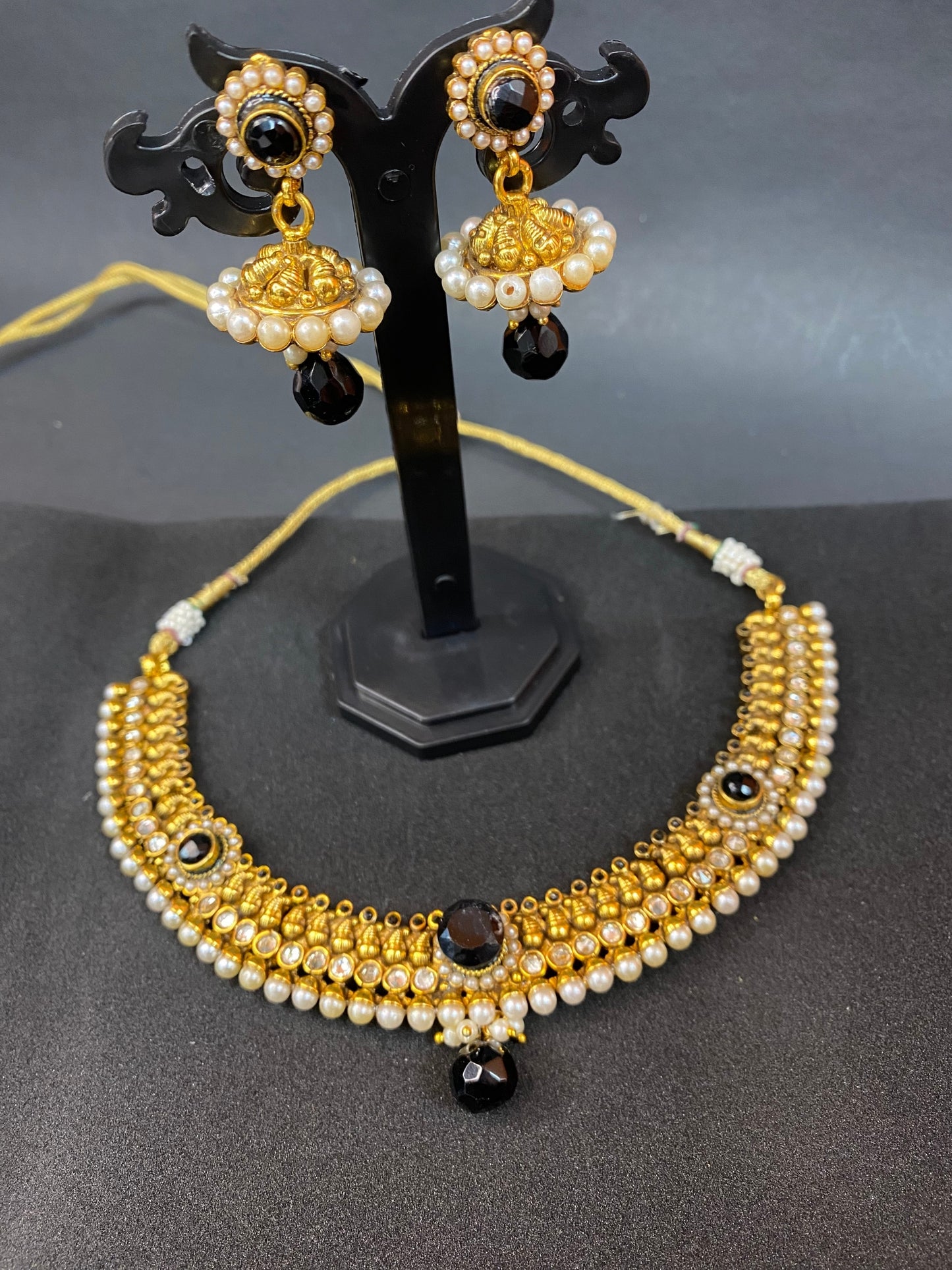 Traditional Party Wear Kundan & Pearl Necklace Set with Gold, Black & White Beads