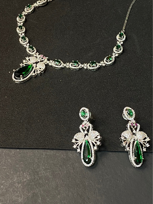 Premium Party Wear AD Necklace Set with Green Drop Pendant