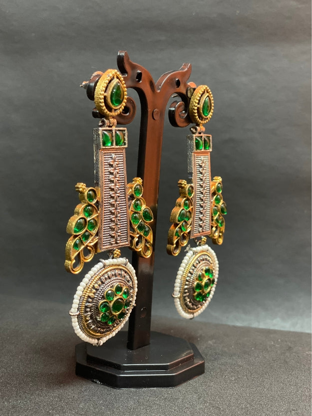 Oxidized Dual Tone Jhoomar Earrings with Green Kundan Stones
