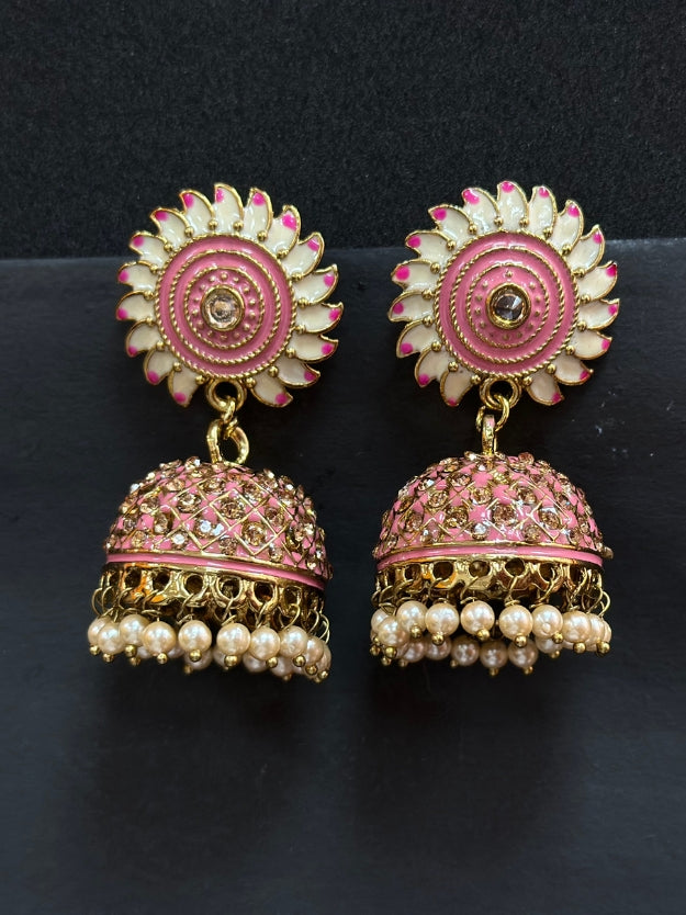 Designer Pink & White Meenakari Jhumka Earrings with Pearl Drops