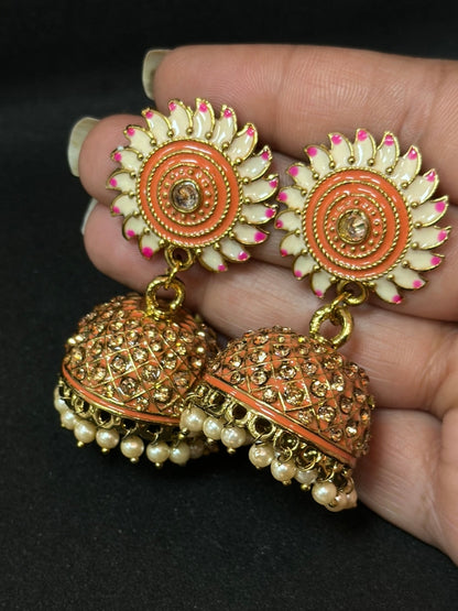 Orange & White Meenakari Jhumka Earrings with Pearl Drops