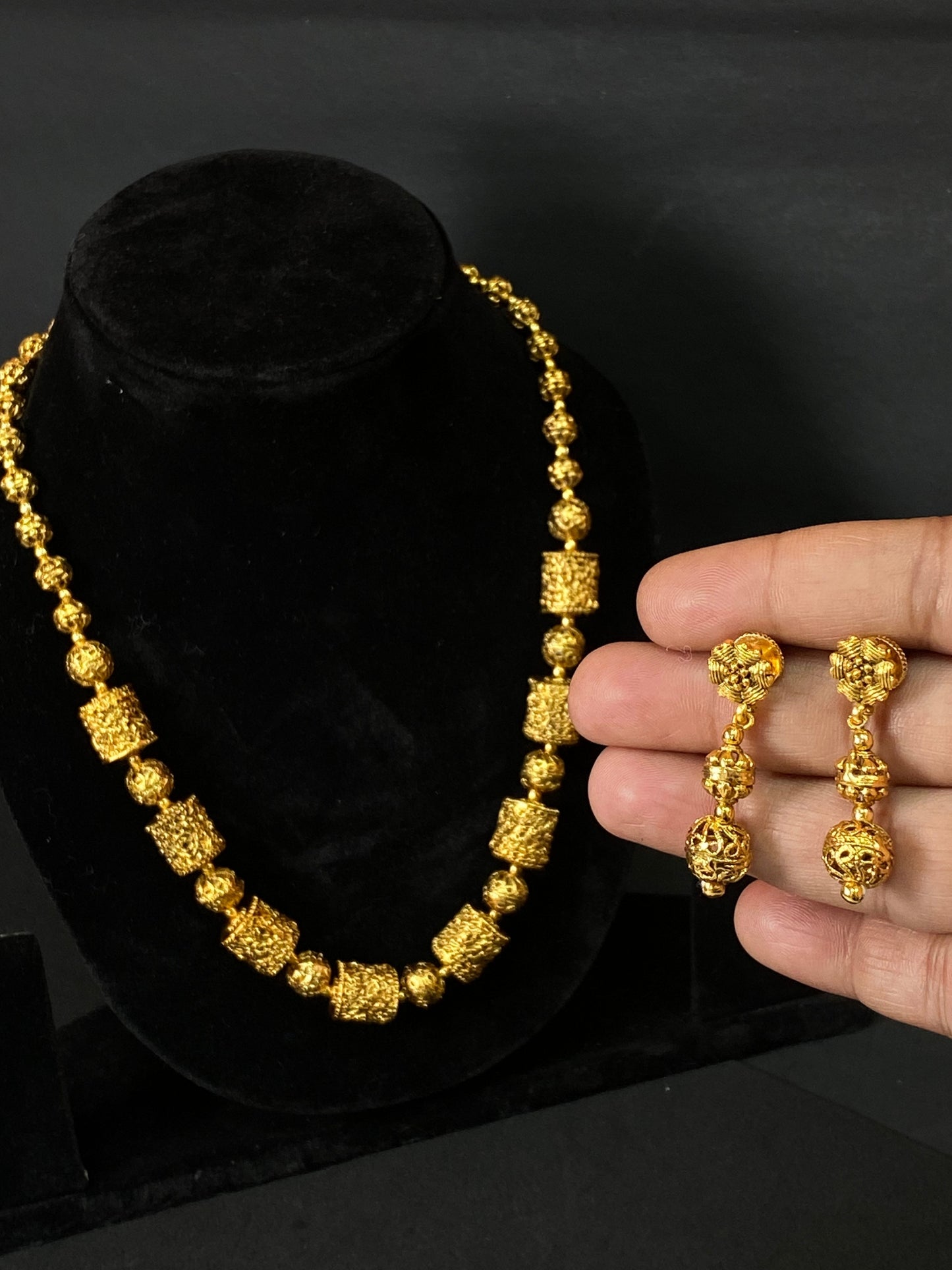 Golden Traditional Beaded Necklace Set with Matching Earrings