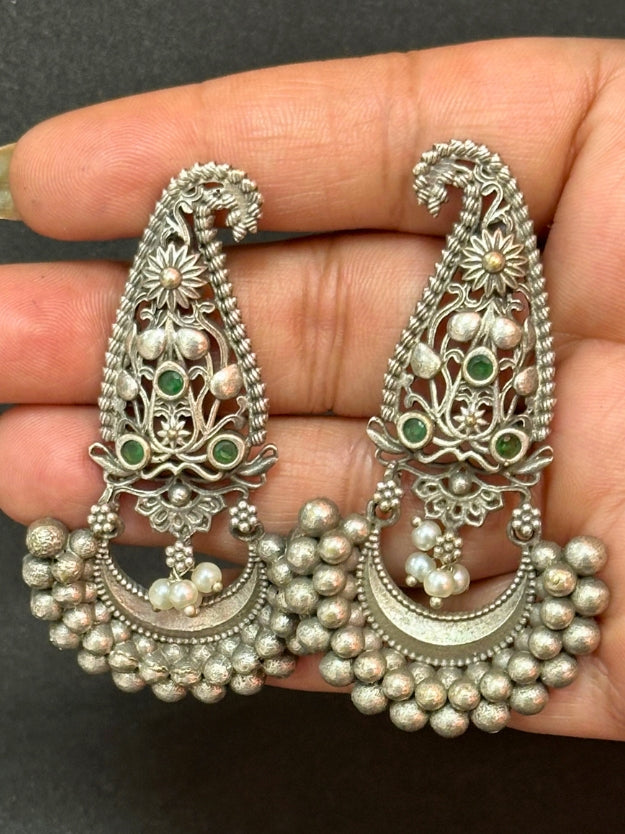 Oxidised Silver Jhumka Earrings with Silver Pearl & Green Stone Detailing