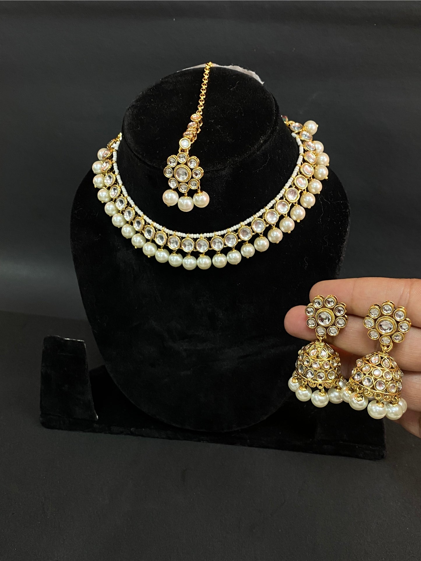 Gold Plated Kundan Pearl Choker Necklace Set with Maang Tikka & Jhumka Earrings