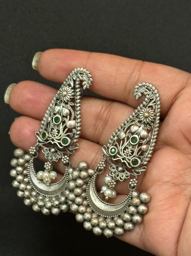 Oxidised Silver Jhumka Earrings with Silver Pearl & Green Stone Detailing