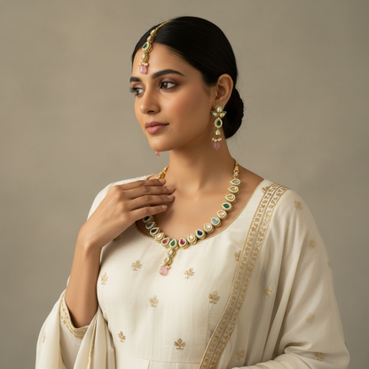 Multicolor Kundan Necklace Set with Pink Drop Pendant, Earrings & Maang Tikka