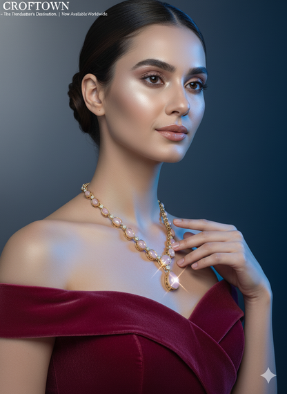 Elegant Pink Stone Gold-Plated Necklace, Earrings & Maang Tikka Jewellery Set
