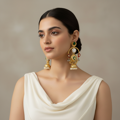 Traditional Gold-Plated Kundan & Pearl Temple Jhumka Earrings