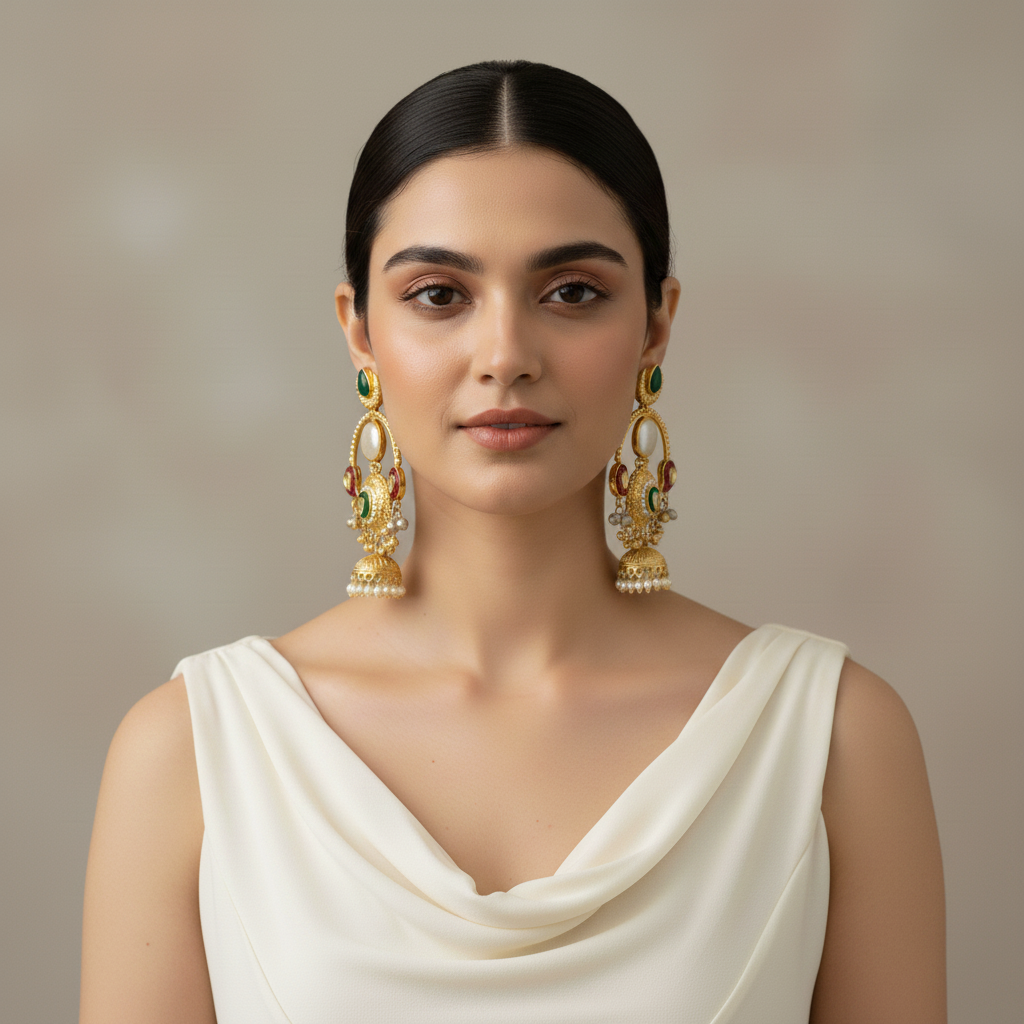 Traditional Gold-Plated Kundan & Pearl Temple Jhumka Earrings