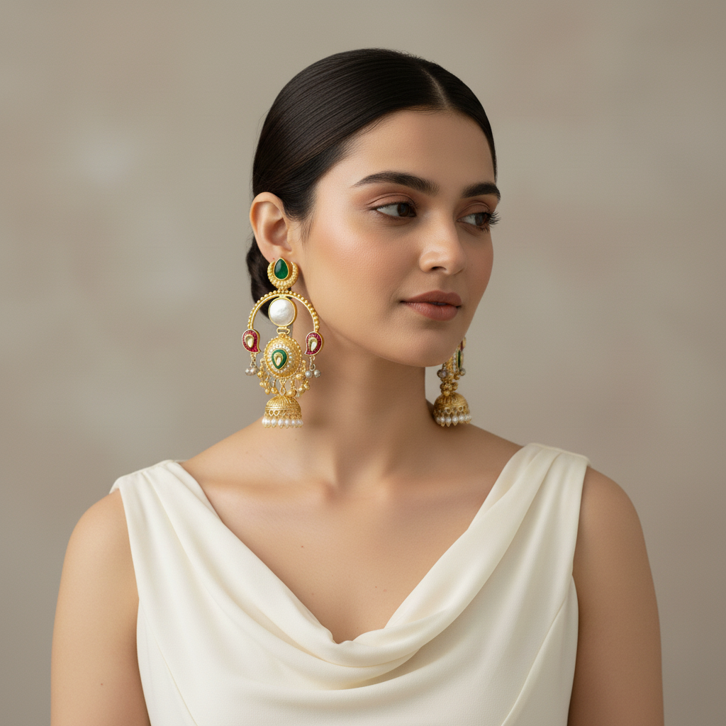 Traditional Gold-Plated Kundan & Pearl Temple Jhumka Earrings