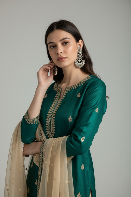 Oxidised Silver Jhumka Earrings with Silver Pearl & Green Stone Detailing