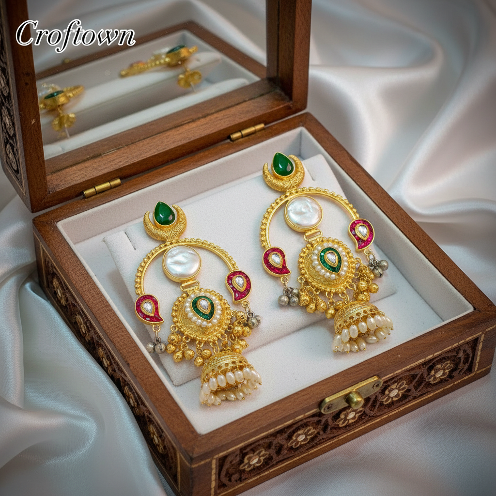 Traditional Gold-Plated Kundan & Pearl Temple Jhumka Earrings