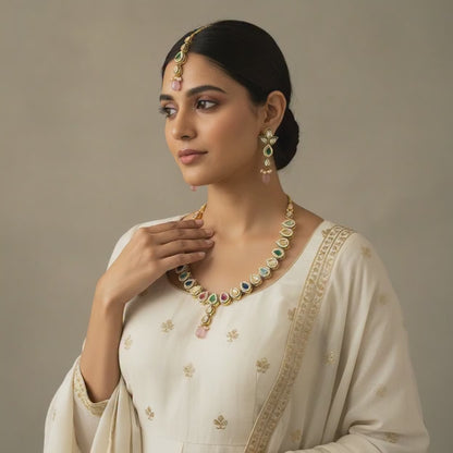 Multicolor Kundan Necklace Set with Pink Drop Pendant, Earrings & Maang Tikka